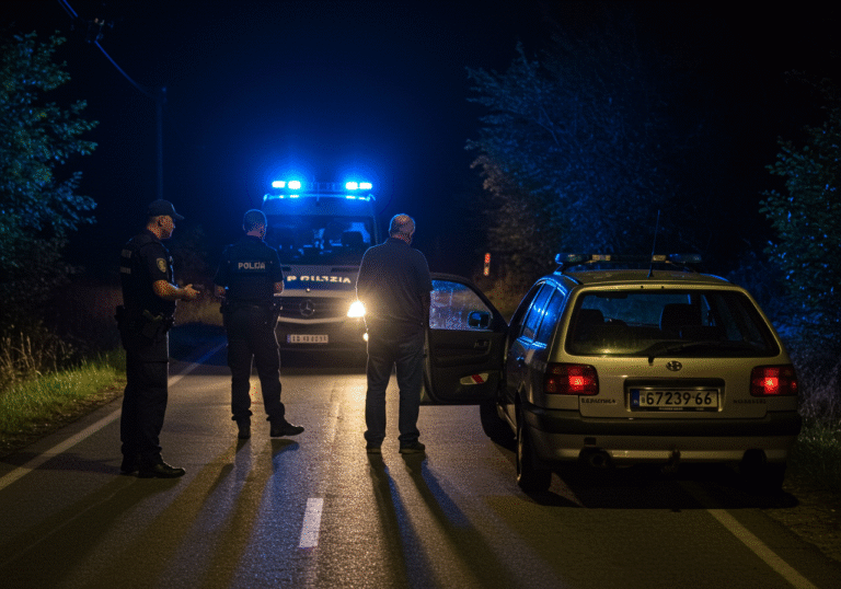A 62-year-old man, appearing dazed, stands next to his unregistered car on a narrow, dimly lit rural road L67036 in the village of Osoje, Croatia, around 8 PM. Two professional Croatian police officers in uniform are observing him closely. A marked Croatian police patrol vehicle is parked behind, its subtle blue lights casting a soft glow on the scene. The atmosphere is serious and controlled, reflecting a routine traffic stop in the Croatian countryside.