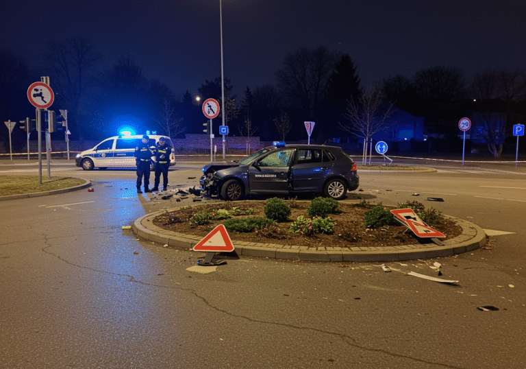 A damaged passenger car sits askew in the center of a roundabout in Varaždin, Croatia, in the early hours of a Thursday morning. Scattered traffic signs lie on the ground, and ornamental plants within the roundabout are visibly disturbed, indicating a collision. The scene is illuminated by the ambient glow of streetlights, with the distinctive blue flashing lights of a Varaždin police patrol car casting reflections on the asphalt. Two Croatian police officers are present, meticulously examining the accident site and documenting the material damage.