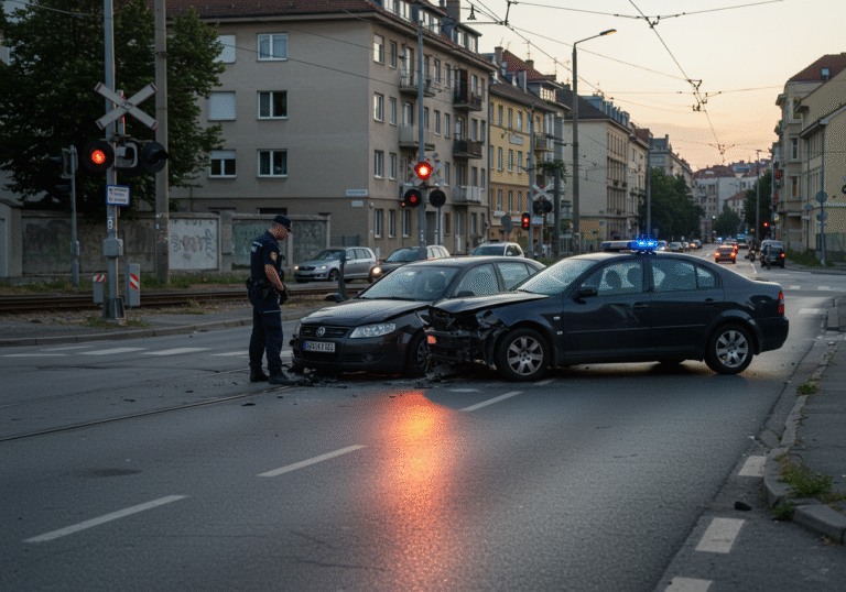Late afternoon, around 5:20 PM, on Gornjodemerska street in Zagreb, Croatia. The aftermath of a traffic collision is visible near a railway crossing. A dark-colored sedan, showing noticeable front-end damage, is positioned after colliding with a silver or lighter-colored car, which appears stationary. Both vehicles are passenger cars. A uniformed Croatian police officer is present in the scene, standing near the damaged vehicles, observing the material damage. In the background, typical Zagreb residential buildings line the street, and clear railway crossing signals are visible. The late afternoon light casts long shadows on the asphalt, under a clear sky.