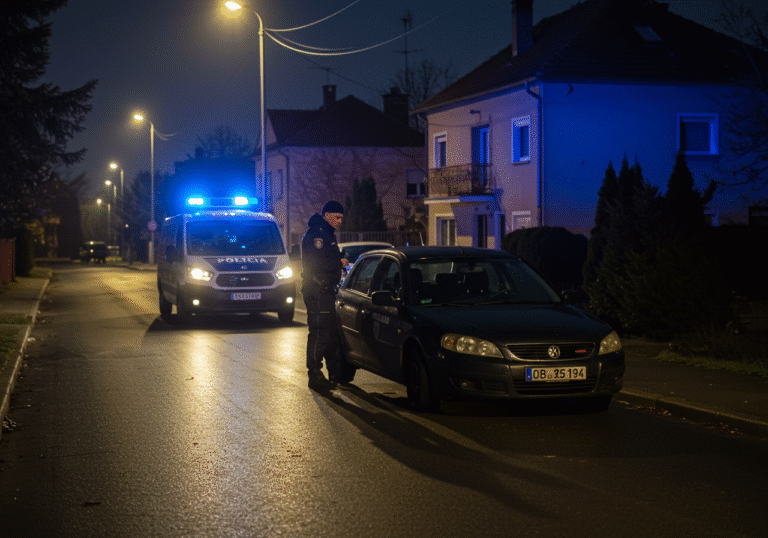 Early morning on a quiet, dimly lit residential street in Blaževdol, Sveti Ivan Zelina, Croatia. A Croatian police officer from the Zagreb Police Department, in a dark uniform, stands beside a 41-year-old male driver, who appears somber, next to his dark civilian car. A Croatian police patrol vehicle with blue lights flashing is parked nearby, casting a cool glow on the scene. Streetlights illuminate the surrounding typical Croatian suburban houses under a dark sky, creating a quiet and serious atmosphere.