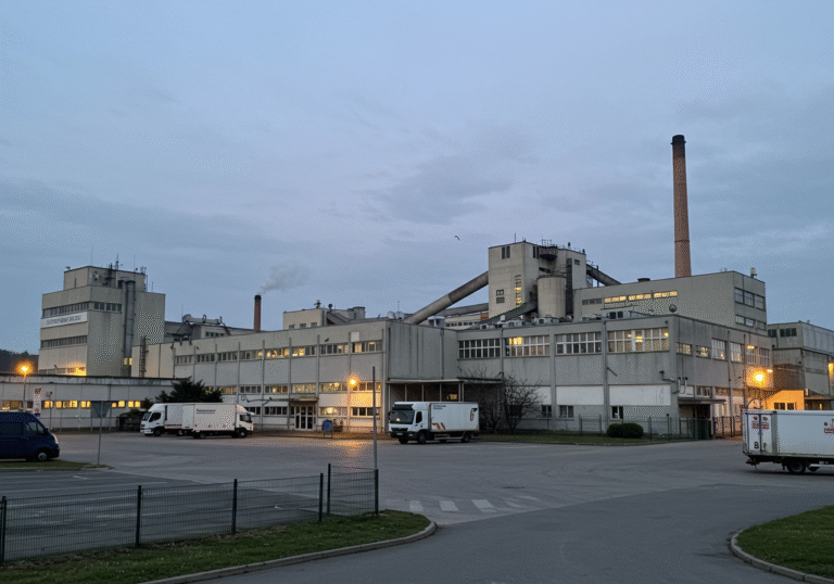 An exterior, wide shot of the Bilokalnik-industrija papirne ambalaže industrial complex in Koprivnica, Croatia. The large factory buildings, characteristic of central European industrial architecture, stand under a soft, overcast late afternoon sky. A few delivery trucks or employee vehicles are parked in the foreground, suggesting a functional, established site. The overall atmosphere is quiet and observational, reflecting a significant corporate transition for the local enterprise.