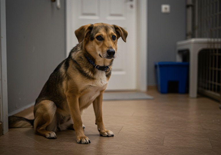 A five-month-old mixed-breed dog named Koni sits quietly and patiently on a simple, clean floor inside the Dubrovnik animal shelter. The calm dog has a gentle gaze, looking towards the viewer with soft eyes. Soft natural light illuminates the scene, highlighting his gentle demeanor within the common area of the animal shelter. Editorial photography, natural colors, authentic setting.