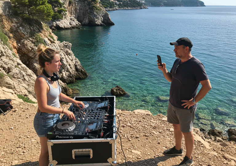 A tense moment unfolds on an isolated, rocky beach near a cliff in Dubrovnik, Croatia, under bright summer sunlight. British DJ Angel Arutura, dressed casually, looks directly at a local man, Igor Legaz, with a clear expression of discomfort and frustration. She has her DJ equipment partially set up but appears to be packing or stopping, her body language indicating a desire to leave. Igor Legaz, a middle-aged local professor, stands a few feet away, holding a smartphone pointed towards her, appearing to film or photograph. The turquoise waters of the Adriatic Sea stretch behind them, and the rugged, uncommercialized coastline defines the scene.