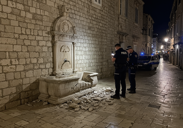 Nighttime view of the Mala Onofrijeva fontana (Small Onofrio's Fountain) in Dubrovnik's historic city center. The 15th-century stone fountain, located in a niche on the wall of the Glavna straža, displays a clearly broken stone bench on its edge, with fragments of stone debris scattered on the ancient cobblestones below. Two uniformed Croatian police officers are on site, one examining the damage closely with a flashlight, while the other is documenting the scene. The area is illuminated by the soft glow of historic streetlights and the subtle, reflective blue flash from a nearby police car, highlighting the textured stone architecture. The atmosphere is quiet and investigative, reflecting the aftermath of vandalism.