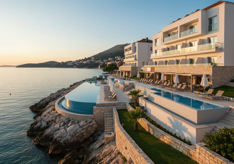 Exterior shot of an elegant five-star hotel resort situated along the sun-drenched coastline of Dubrovnik-Neretva County, southern Croatia. The architecture features modern design with subtle Mediterranean influences, reflecting luxury accommodation. Golden hour sunlight casts long shadows across the white and stone facade, illuminating expansive terraced gardens and an infinity pool that overlooks the calm, deep blue Adriatic Sea. Clear skies with a soft, warm glow. The scene conveys a sense of high-end tourism and significant investment in the region's premium hospitality sector.