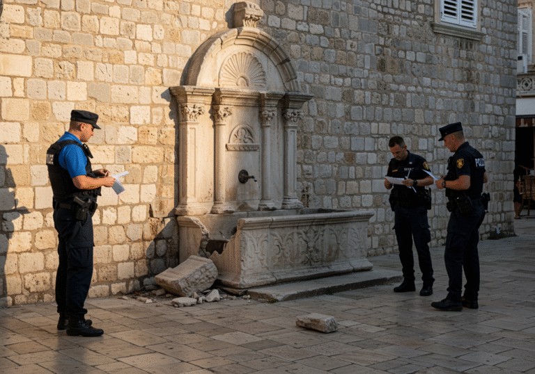 Early morning light illuminates the Mala Onofrijeva fontana in Dubrovnik's Old Town, Croatia, with a section of its stone bench visibly broken and missing. The damage is clearly evident against the ancient stonework of the 15th-century fountain, which is nestled in a niche on the stone wall of Glavna straža. Two Dubrovnik-Neretva police officers are present, one carefully examining the damaged area, while the other takes notes, indicating an ongoing criminal investigation. The scene captures the solemn atmosphere of a vandalized UNESCO World Heritage site on a clear summer morning.