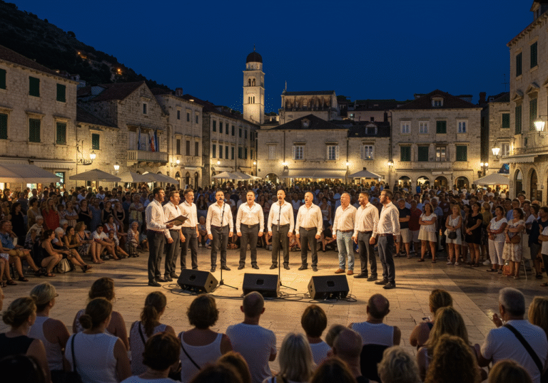 A traditional Croatian male klapa group performs outdoors in the evening, illuminated by soft stage lights, near the Velika Onofrijeva česma in the Old Town of Dubrovnik, Croatia, during a summer music festival. The singers, dressed in smart casual attire, stand in a tight formation, their faces expressing passion as they sing acapella. A diverse crowd of locals and tourists fills the stone-paved square, attentively watching the performance. The historic stone architecture of Dubrovnik's Old Town, subtly lit by warm streetlights, forms the backdrop, conveying a lively and culturally rich atmosphere on a clear July night.