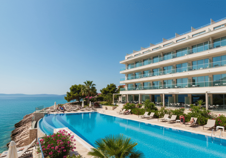 An expansive exterior view of a modern five-star hotel nestled along the Adriatic coast in the Dubrovačko-neretvanska County, southern Croatia. The luxury resort features sleek, contemporary architecture with large glass facades and terraced balconies overlooking the crystal-clear turquoise sea under a bright, clear summer sky. Lush Mediterranean vegetation, including palm trees and vibrant flowers, adorns the landscaped grounds, with a few discerning guests relaxing by an infinity pool or on elegant lounge chairs. The scene conveys a sense of upscale tranquility and prosperity, highlighting the region's prominence in high-quality tourism in mid-July.