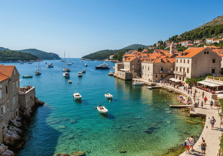 A bright, sun-drenched summer day in July in the Dubrovnik-Neretva County, Croatia. The crystal-clear turquoise waters of the Adriatic Sea are bustling with activity, featuring numerous private yachts, sailboats, and motorboats anchored or cruising near the picturesque coastline. Along the shore, a mix of international tourists, some relaxing on boat decks, others walking along a stone promenade, enjoy the vibrant atmosphere. Traditional Mediterranean stone buildings with red-tiled roofs, representing both private accommodations and hotels, ascend gently from the waterfront under a clear blue sky, showcasing the region as a premier summer destination.