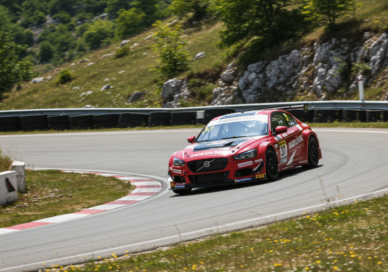 A Croatian hill climb race car from the Dubrovnik Racing team, speeding on the winding asphalt track known as 'Krajiška zmija' in Cazin, Bosnia and Herzegovina. The scene is bathed in harsh midday sunlight, indicating 37 degrees Celsius, with noticeable heat haze rising from the road. The mountainous terrain is covered in lush green vegetation, typical of the Bosnian landscape. The race car, designed for hill climb competition, is captured mid-turn, its wheels firmly on the tarmac, with a focused driver visible through the cockpit wearing a racing helmet and suit. The powerful vehicle's engine is straining against the uphill incline.