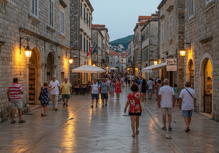 An outdoor scene in the historic Dubrovnik Old Town, Croatia, at dusk. Well-lit cobblestone streets are visible, lined with ancient stone buildings and archways. People, a mix of tourists and locals in light summer clothing, are casually strolling and walking peacefully. The atmosphere is calm and inviting under a clear evening sky.