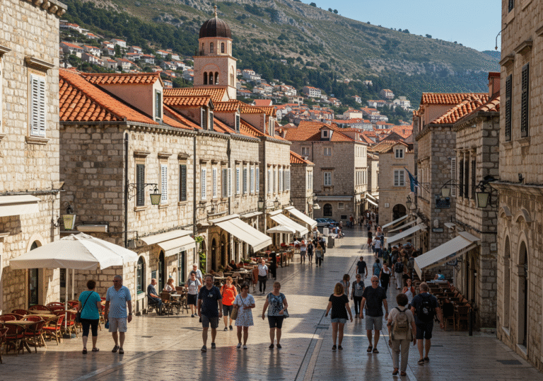 An editorial photograph taken during a sunny afternoon in Dubrovnik, Croatia, showcasing the tranquil and safe atmosphere of its historic Old Town. Tourists and local residents are seen casually walking along the polished limestone streets, some enjoying outdoor cafes or admiring the ancient architecture. The scene features the iconic medieval stone buildings with traditional red-tiled roofs, bathed in warm Mediterranean light. People appear relaxed and unhurried, reflecting the city's status as Europe's safest destination.