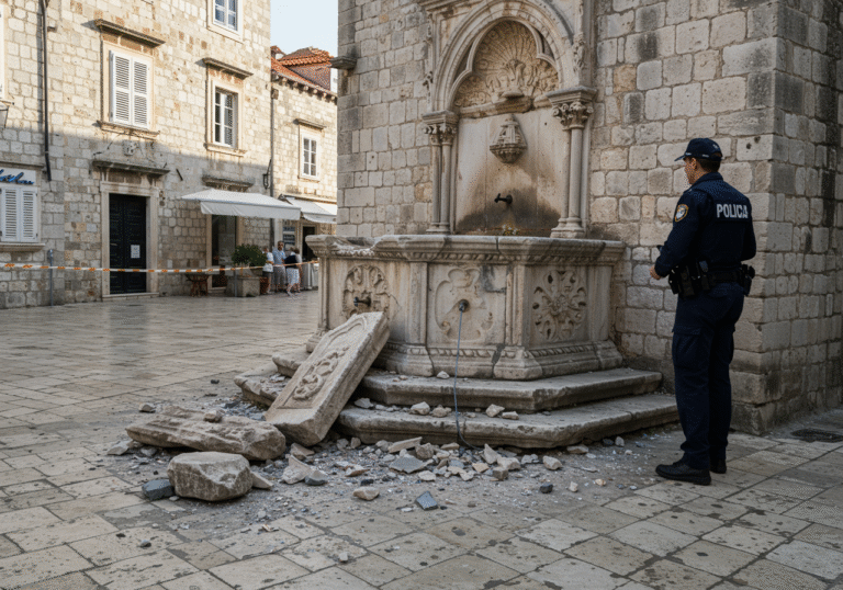 Daylight scene in Dubrovnik, Croatia, focusing on the Mala Onofrijeva fontana on Stradun after a vandalism incident. A significant portion of the stone cornice is visibly broken from the 15th-century UNESCO-protected monument, with two large carved stone fragments and numerous smaller debris scattered on the cobblestones directly at the fountain's base. A uniformed Croatian police officer from the Dubrovačko-neretvanska policija stands near the fountain, observing the damage or documenting the scene, an expression of seriousness on their face. The fountain is positioned in a historical niche on the wall of Glavna straža, near Luža, against the backdrop of Dubrovnik's old town architecture. The morning light highlights the recent damage to the recently restored cultural heritage site, conveying a sense of loss and official investigation.