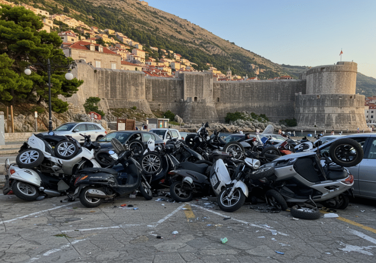 Multiple overturned scooters and motorcycles lie damaged in the deserted Buža parking lot in Dubrovnik, Croatia, under the dim light of an early August morning. The historic Dubrovnik city walls loom in the background, casting long shadows. One personal car nearby shows a broken rearview mirror, and several vehicles display Dubrovnik license plates, indicating recent vandalism.