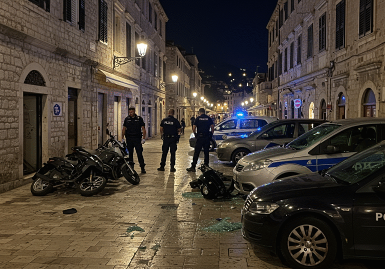 Nighttime in the historic core of Dubrovnik, Croatia, near the ancient city walls, in the early morning hours of August. A quiet, cobbled street illuminated by streetlights reveals the aftermath of vandalism. Several vehicles are visibly damaged: two motorcycles are overturned on the stone pavement, and multiple parked cars have shattered side mirrors, with glass debris scattered around. Croatian police officers in dark uniforms with reflective vests are present, some meticulously examining the damaged vehicles and taking notes, their faces illuminated by the ambient streetlights. A police patrol car with its blue lights softly flashing is parked nearby, casting a subtle glow on the scene of disruption in the historic city.