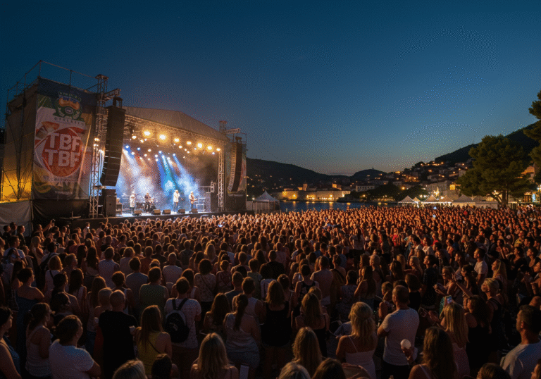A wide shot of the legendary Croatian band TBF performing live on an outdoor stage at Lapad Bay in Dubrovnik, Croatia, during the 'Noć Lapadskog zaljeva' event. It is a warm, clear summer night. The stage is illuminated by bright concert lights, casting dynamic shadows. A large, enthusiastic crowd is visible in the foreground and midground, with their faces showing enjoyment and excitement. The distinctive architecture of Dubrovnik is subtly visible in the background, under the night sky. The scene is vibrant and full of energy, capturing a lively summer festival atmosphere.
