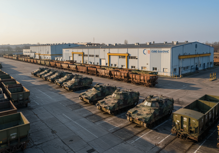 A wide, elevated view of a large, modern industrial complex belonging to Đuro Đaković in Croatia, under a clear sky. In the foreground, freshly painted heavy freight wagons and robust armored vehicle chassis are neatly arranged in an outdoor yard, showcasing the company's diverse manufacturing output. The facility itself appears well-maintained and busy, with a sense of successful operation. The overall atmosphere conveys growth and prosperity for the Croatian holding, reflecting its strong financial performance in mid-2025. Daylight, professional photographic style.
