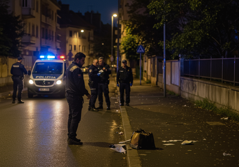 Late evening in Zagreb, Croatia. A male foreign delivery worker in his mid-thirties, showing minor injuries to his face, stands on a dimly lit Kanalski put street in the Peščenica district. Uniformed Croatian police officers are visible nearby, one speaking with the worker while another examines the ground. An empty delivery bag and scattered personal documents are on the wet asphalt pavement. A Croatian police vehicle with subtle flashing blue lights is parked along the curb. The surrounding urban environment consists of typical Zagreb residential buildings under the glow of streetlights, indicating a quiet, late-night scene.
