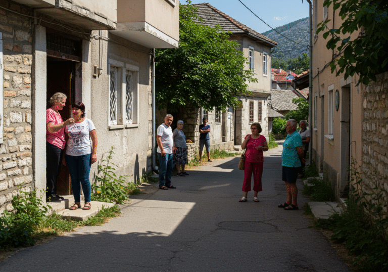 Midday on a residential street in a small town in Bosnia and Herzegovina, near Mostar, on a bright August day. A few local inhabitants, casually dressed, are standing outside their homes or in open doorways, looking towards each other with expressions of mild surprise and discussion. Strong sunlight casts clear shadows on the traditional Balkan architecture of the buildings. The scene conveys a moment of quiet reflection after a brief, unsettling event, with no visible signs of damage, only the subtle demeanor of people who have just experienced a tremor.