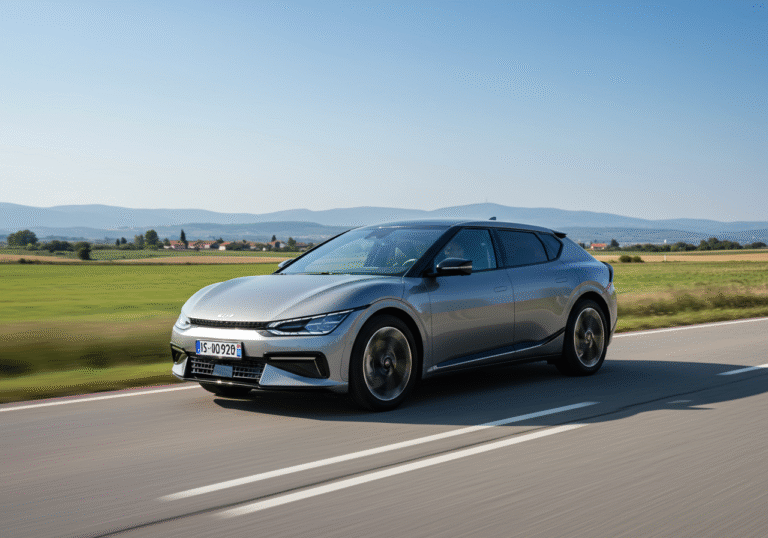 An electric Kia EV6 driving on a well-maintained asphalt road in Croatia during a clear, bright afternoon. The vehicle is captured from a dynamic side angle, showcasing its design as it moves at a moderate speed. The background features typical Croatian inland scenery with green fields and distant rolling hills under a blue sky, conveying a real-world driving environment. The focus is on the car in motion, reflecting a testing scenario.