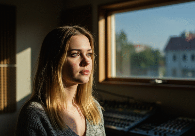 A portrait of Elena Brnić, a young woman with a calm, introspective expression, gazing slightly off-camera. She is in an intimate, softly lit indoor setting, possibly a modern recording studio or a quiet, uncluttered room, bathed in natural light filtering through a large window. The atmosphere is serene and thoughtful, reflecting the personal and introspective themes of her new ballad. She wears contemporary, understated clothing, emphasizing her artistic maturity. The focus is on her face and upper body, conveying a sense of vulnerability and deep contemplation.