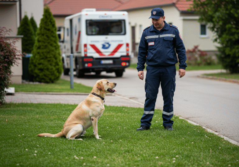 A loyal yellow Labrador dog named Emmy sits patiently on a green lawn in a quiet residential street in Croatia, her tail wagging excitedly as a mailman, wearing a Croatian postal uniform, approaches her with a friendly smile. A Croatian postal delivery truck is parked on the street in the background. Natural daylight illuminates the scene, capturing the dog's pure joy and anticipation as she greets the mailman.