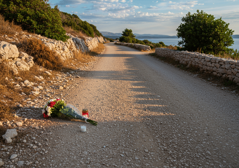 A somber roadside scene on the island of Brač, Croatia, with a modest bouquet of fresh flowers and a small candle placed on the ground, commemorating the 25th anniversary of a tragic car accident. The winding, unpaved road is flanked by dry Mediterranean vegetation and rocky terrain. The late afternoon sunlight casts long, soft shadows across the quiet landscape, with the calm blue Adriatic Sea visible in the distance under a partly cloudy August sky. The atmosphere is reflective and evokes a sense of enduring loss.