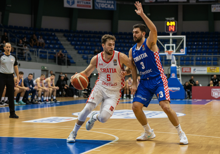 Croatian basketball players in a dynamic game action shot during a qualifying tournament inside a modern, well-lit gymnasium in Croatia. One player in a white and red uniform drives towards the basket, being defended closely by an opponent in a blue uniform. The professional basketball court is in focus, with typical sports markings, while blurred spectators are visible in the background stands. Overhead sports lighting illuminates the scene, highlighting the intensity and determination of the players competing in this crucial tournament for European North Basketball League (ENBL) qualification.