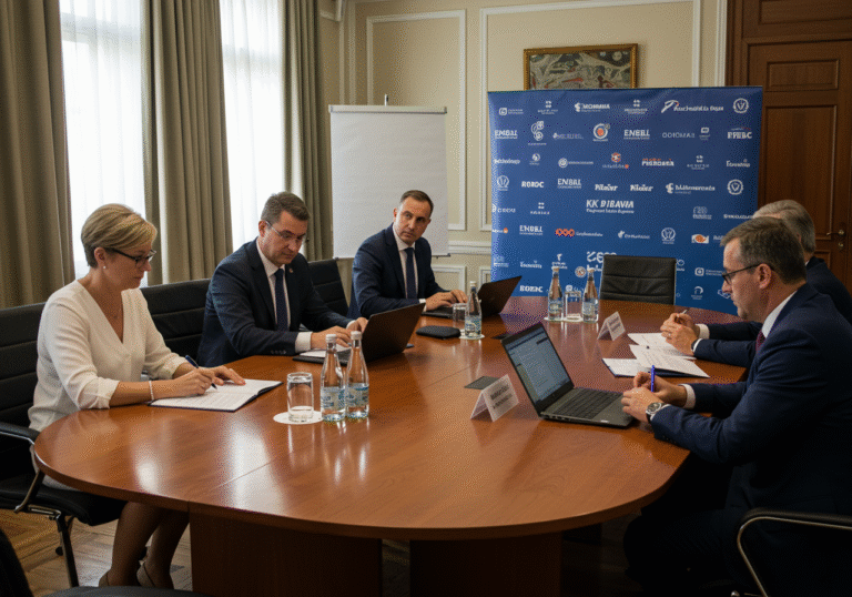 August 17, 2025. A formal conference room at the Hotel Tallink Rīga in Riga, Latvia, during the European North Basketball League (ENBL) technical meeting. ENBL officials, joined by representatives from the Croatian Basketball Federation and a delegate from KK Dubrava, are seated around a large conference table. They are engaged in professional discussion, reviewing documents related to the league's expansion and the newly announced Croatian club qualification process. The room is well-lit by natural daylight, contributing to an editorial, professional atmosphere. Attendees are dressed in business attire, with laptops, water glasses, and official papers on the table.