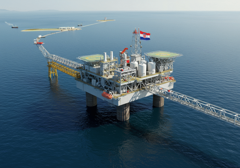 A high-angle, realistic shot of a newly developed offshore natural gas production platform situated in the calm, shallow waters of the Northern Adriatic Sea. The modern steel structure stands robustly under a bright summer sky, connected by visible pipelines to the distant, established infrastructure of the Izabela gas field. A Croatian flag flies prominently from the platform. The scene captures a significant investment in Croatia's domestic energy resources. Clear daytime, editorial photography, wide shot.