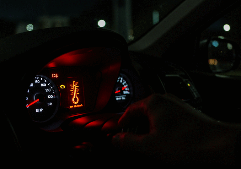 N1 Upozorava: Crvena Lampica Motora Znak je za Hitno Zaustavljanje Vozila A close-up, low-light shot inside a modern car, focusing on the dashboard at night. The bright red engine high-temperature warning light, depicted as a thermometer symbol above wavy lines, is sharply illuminated against the dark instrument panel. A driver's hand is visible, reaching towards the ignition to turn off the engine, fingers slightly tensed. The soft glow of other dashboard lights provides minimal illumination to the surrounding interior. Through the car's windshield, the faint, blurred outline of a dark, unlit roadside is visible, suggesting an immediate, urgent stop.