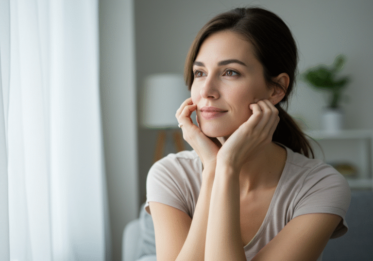 A thoughtful woman in her early 30s, with a serene and contemplative expression, illuminated by soft, diffused natural light from a window. She is sitting in a relaxed posture, dressed in simple, comfortable attire, conveying a sense of personal reflection and well-being. Her gaze is introspective, suggesting a moment of self-awareness and understanding of her body's natural rhythms. The background is a soft, blurred domestic interior, emphasizing privacy and personal health. The atmosphere is calm and reflective, suitable for an editorial piece on women's health and intimate life.