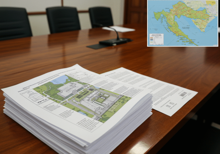 A close-up, high-angle view of official documents and files stacked on a large, polished conference table in a modern office in Zagreb, Croatia. One prominent document features a technical drawing or schematic of a waste sorting plant, with Croatian text visible on legal papers and procurement tenders. A subtle, blurred map of the Croatian Adriatic coast, specifically highlighting the area around Mali Lošinj, is in the background. The scene is professionally lit by bright, focused overhead lights, conveying a serious and investigative atmosphere, typical of a European public prosecutor's office.