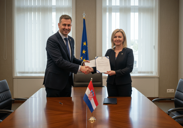 A professional Croatian male executive from Ericsson Nikola Tesla, dressed in a dark business suit, is seated at a large, polished conference table, shaking hands with a Croatian female government official from a ministry, also professionally dressed. They are exchanging a signed document. The setting is a modern, well-lit conference room within a Croatian public administration building, with large windows providing a clear, bright daylight ambiance. A subtle Croatian flag is visible on a small stand on a credenza in the background. The atmosphere is formal and signifies the successful signing of significant ICT agreements for public services in Croatia.