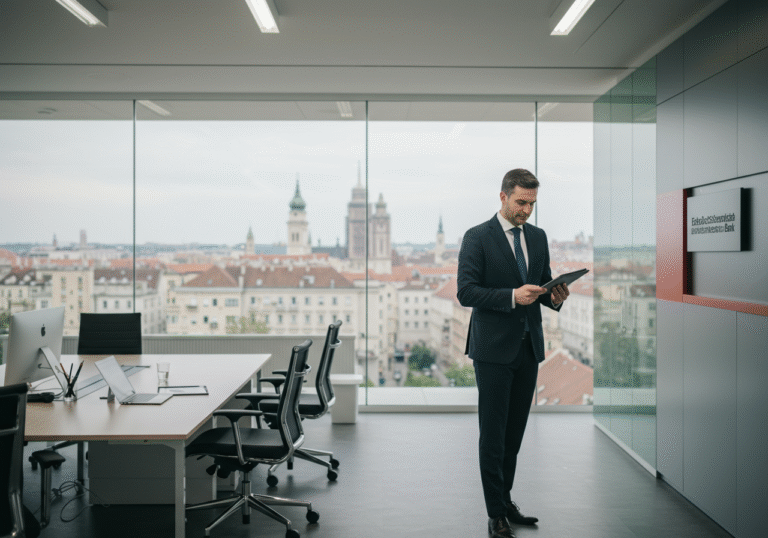 A professional-looking man or woman in a dark business suit stands in a modern, well-appointed office of Erste&Steiermaerkische Bank in Zagreb, Croatia. Daylight streams into the room, illuminating the contemporary office furniture and a subtle, blurred background view of Zagreb city buildings through a large window. The individual holds a tablet or document subtly, conveying a sense of reviewing financial results, with a calm, confident expression reflecting the bank's strong performance in the first half of 2025. The atmosphere is quiet and professional.