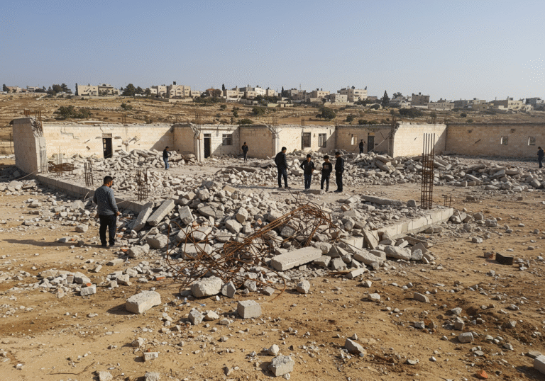 A somber, wide shot of the demolished school construction site in Al-Aqaba village, northern West Bank, on a bright, clear day. Piles of broken concrete, twisted rebar, and scattered building materials lie in heaps, representing the ruins of a large educational facility intended for hundreds of Palestinian students. In the background, the sparse, arid landscape of the West Bank is visible, with a few modest village homes. A small group of local Palestinian residents, dressed in everyday attire, stand amidst or near the rubble, their expressions reflecting quiet despair and concern over the destruction of the community's future.