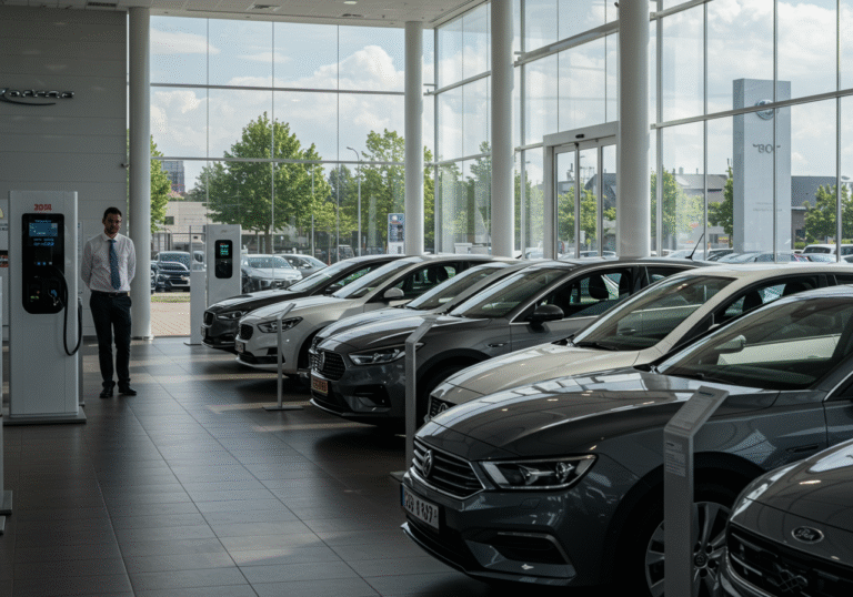 A quiet, modern car dealership showroom in a major European city on a bright summer day. Sunlight streams through large glass windows, illuminating rows of new vehicles, including a mix of gasoline-powered cars and several electric and hybrid models with charging stations. A lone car sales associate, dressed in professional attire, stands idly by a desk, looking out at the sparsely populated showroom with a thoughtful, concerned expression. The overall atmosphere conveys a sense of economic slowdown and reduced activity, reflecting the significant decline in new car registrations across the European Union.
