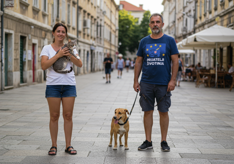 Croatian animal welfare activists from 'Prijatelji životinja' gather outdoors in a public space in a Croatian city, advocating for pet protection after the EU Parliament's resolution. A female activist holds a calm domestic cat, while a male activist stands nearby with a leashed dog, both conveying a sense of compassion and hope. The background features typical Croatian urban architecture on a bright, late summer afternoon. The scene highlights the new EU legislation's impact on animal welfare, including addressing specific challenges like the issue of pyrotechnics affecting pets in Croatia.