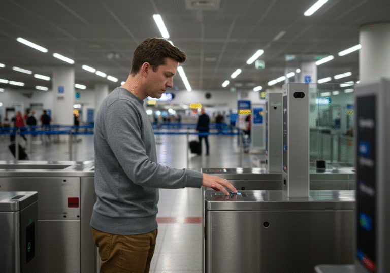 An Australian traveler, dressed in comfortable casual wear, focuses intently while placing their fingers on a biometric scanner at a modern, automated border control gate within a Croatian international airport. Their profile is subtly angled towards an integrated camera for a facial scan. The background features the clean, brightly lit architecture of the contemporary airport terminal, with other international travelers moving efficiently through the arrival hall. The scene captures the implementation of the new EU Entry/Exit System (EES) for non-EU citizens entering the Schengen area.