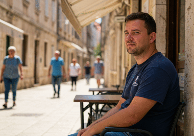 A candid, medium shot of a Croatian service worker in their early 30s, wearing casual work attire, taking a brief break outside a small cafe or business on a sunny afternoon in a Croatian city in July 2025. The background features typical older European architecture of a Croatian street with pedestrians passing by. The worker has a composed, thoughtful expression, reflecting the daily realities of work and life within the Eurozone's economic shifts.