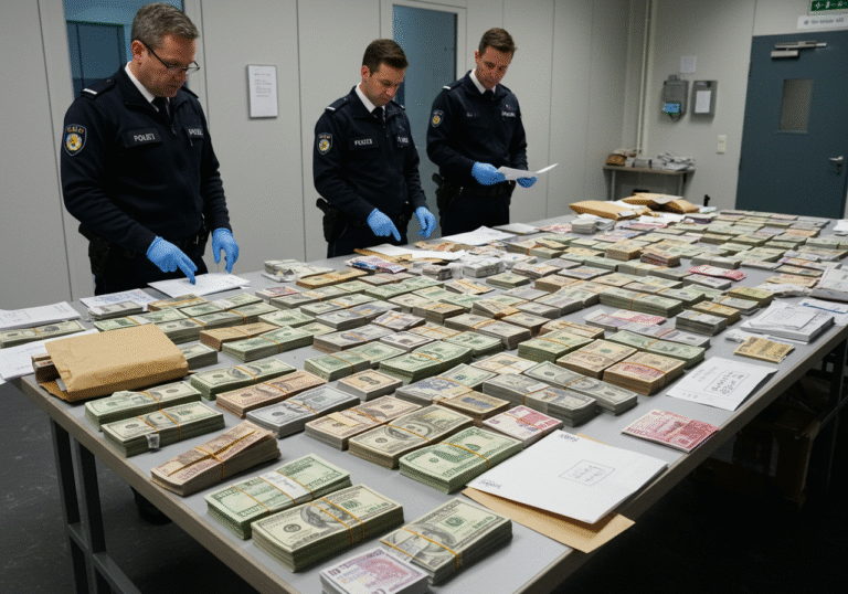 A wide shot of a large, brightly lit evidence table in a secure European police or customs facility. On the table, vast quantities of seized counterfeit Euro, US Dollar, and British Pound banknotes are meticulously laid out in organized stacks and piles, interspersed with numerous opened postal packages, envelopes, and international shipping labels. Two or three professional police and customs officers, in their respective uniforms, are standing around the table, intently examining the evidence, one pointing at a detail on a banknote with a gloved hand. The overall atmosphere is serious and focused, conveying the scale of an international anti-counterfeiting operation. Editorial news photography.