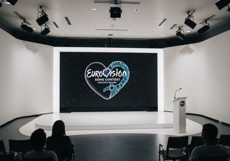 A bright, professional media presentation room on a clear August 2025 day. A large, sleek screen at the center prominently displays the newly unveiled modern visual identity of the Eurovision Song Contest. The screen clearly shows the re-shaped, contemporary Eurovision logo, appearing fresh and updated from its previous design. Integrated with or near the logo is the innovative 'Srce kameleona' (Chameleon Heart), depicted as a dynamic, abstract 3D component. The scene emphasizes the significant modernization of the brand as it approaches its 70th anniversary, with clean professional lighting highlighting the display.