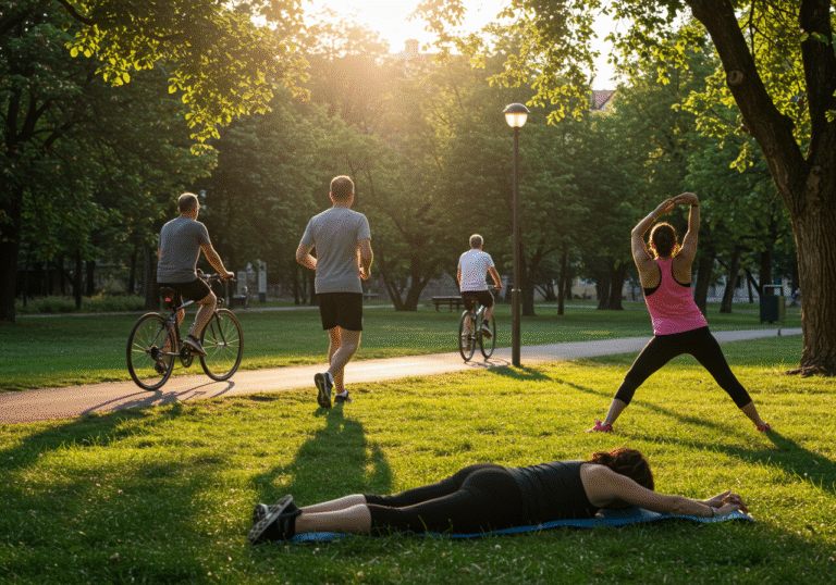 A diverse group of adults, some appearing middle-aged, engaged in various exercises in a sunlit public park in a Croatian city. One person is brisk walking with purpose, another cycles gracefully along a paved path in the background, while a third individual performs a gentle yoga stretch on the grass. Natural daylight, warm outdoor ambiance, comfortable athletic clothing. The scene conveys health, activity, and well-being.