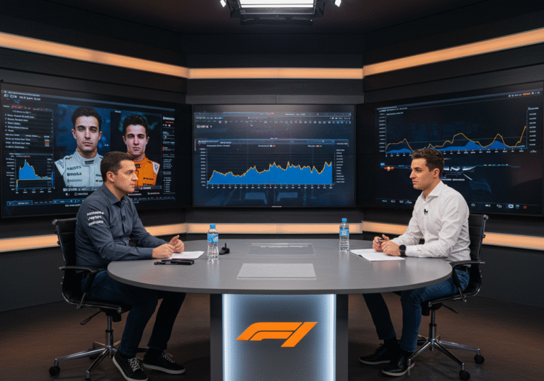 Two Croatian men, Igor Vukajlović and Tomislav Radić, are seated at a modern desk in a professional studio setting in Croatia, engaged in a focused, analytical discussion about Formula 1. Behind them, large screens display dynamic statistical graphics and race data from the 2025 F1 season, prominently featuring performance comparisons between McLaren drivers Oscar Piastri and Lando Norris. Both men wear smart casual attire, their expressions thoughtful and serious as they delve into the data, illuminated by soft studio lighting.