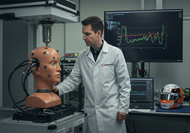 A dedicated biomechanics researcher, dressed in a lab coat, intently observing a high-tech crash test dummy's head positioned within a specialized impact testing rig. The dummy's head is meticulously wired with multiple sensors. In the background, a large digital screen displays complex, abstract data graphs without any text, representing impact analysis. An F1 racing helmet rests on a nearby workstation, symbolizing the application of the research in motorsport safety. The scene is a well-lit, professional research laboratory at a major university, capturing a moment of scientific study and innovation.