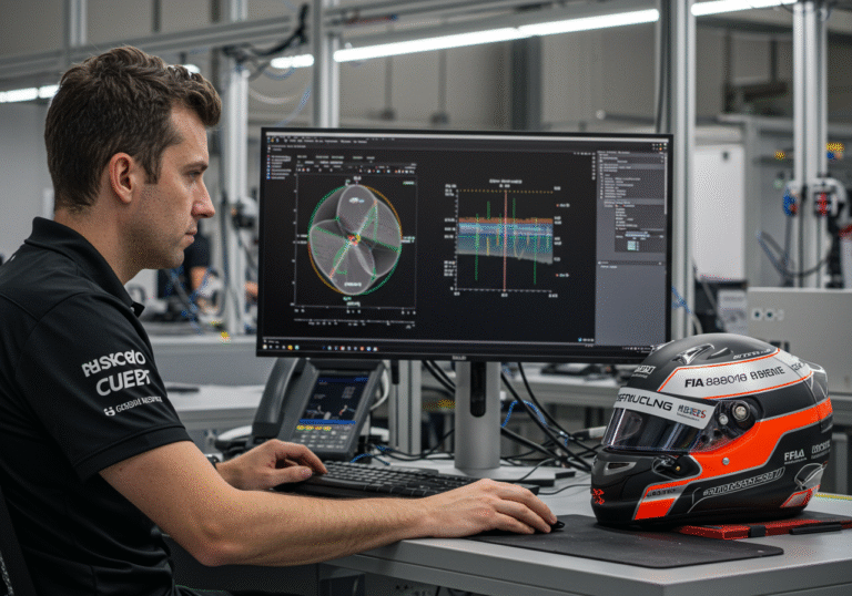 A professional motorsport safety engineer, focused intently on a large computer monitor displaying abstract mathematical models and impact simulation data, in a modern, well-lit research and development facility. On a clean workbench beside the monitor, a high-tech FIA 8860-2018 Advanced Helmet is prominently placed, emphasizing the application of Head Injury Criterion (HIC) for driver safety in Formula 1. The scene conveys a precise, analytical atmosphere of ongoing scientific research.