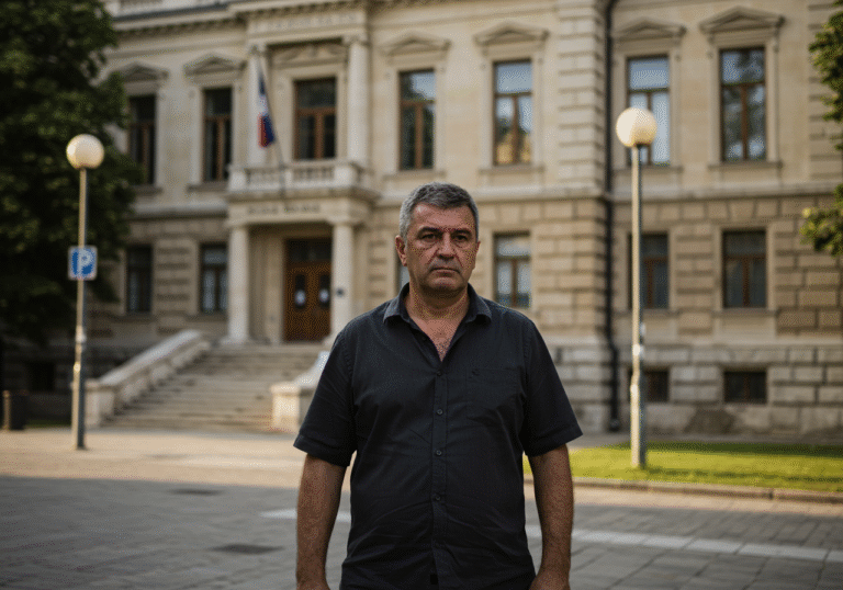 A 53-year-old Croatian man with a serious, contemplative expression, walking on a pavement outside a classicist-style courthouse building in Koprivnica, Croatia. He wears a modest, dark-colored shirt and trousers. The late summer sunlight casts soft shadows across the scene. The building features large windows and sturdy stone facade, reflecting typical Croatian public architecture. The street is calm, with a blurred background of city elements, emphasizing the man as the central subject. Editorial news photo.