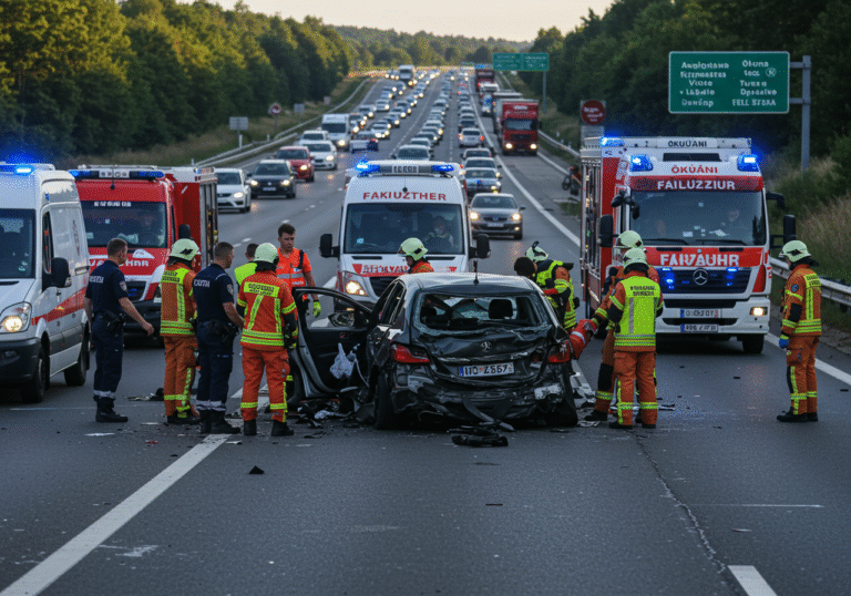Morning light illuminates the scene of a severe traffic accident on Autocesta A3 in Croatia, between Okučani and Novska. A heavily crumpled and destroyed passenger car, its rear end obliterated, is surrounded by emergency personnel. Croatian police officers in uniform, paramedics, and firefighters from the Okučani Voluntary Fire Department are actively working around the wreckage. Several emergency vehicles with flashing blue lights are parked on the asphalt. In the distance, a very long queue of cars and trucks stretches back on the highway, indicating a significant traffic jam under a clear summer sky.
