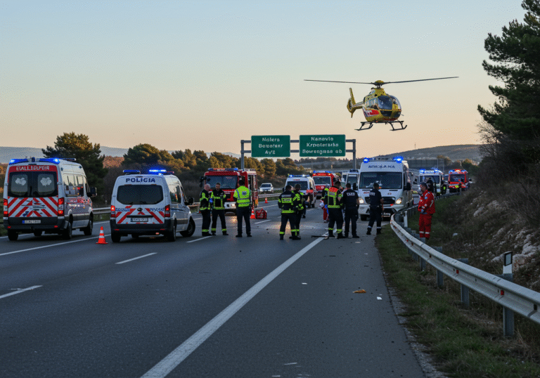 Early morning, 7:10 AM, on the Adriatic Highway in Croatia, near the turn-off for Smokvica Krmpotska, below Klenovica. Croatian police officers, firefighters, and paramedics are on scene, attending to a traffic accident where a personal vehicle has veered off the road. An emergency medical helicopter is visible either landed nearby or hovering. Emergency vehicles including ambulances and fire trucks line the shoulder. The highway is closed to traffic, with visible congestion and road diversions in the background, under a clear morning sky. The scene is active, reflecting ongoing investigation and emergency response.