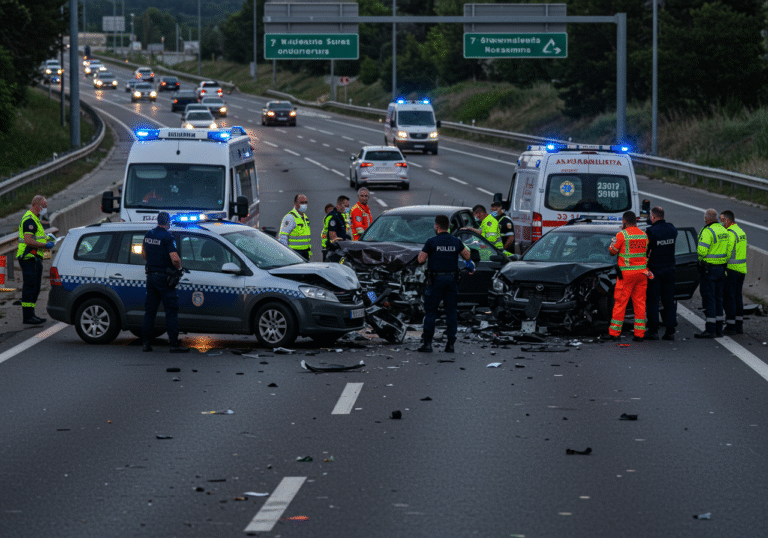 A chaotic scene on the Šibenik bypass in Croatia, late afternoon, after a severe chain collision. Four heavily damaged vehicles, including passenger cars, are scattered across the multi-lane road. Croatian police officers are directing traffic and investigating the crash site, while paramedics attend to injured individuals or stand by ambulances. Emergency vehicles with flashing lights, including police cruisers and ambulances, are present. Traffic is significantly backed up in the distance due to the road closure, and debris from the collision litters the asphalt.